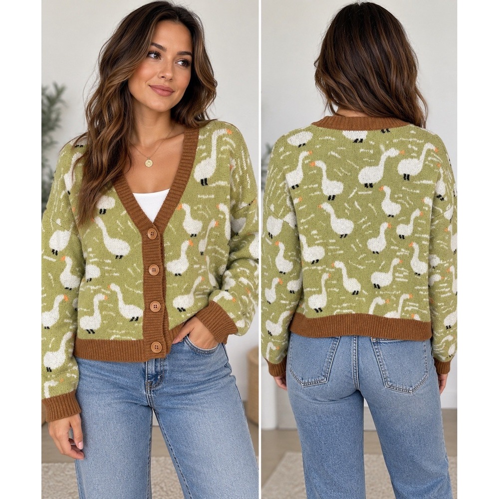 Cider M Goose Print Cardigan Green Brown Button Front Cottagecore Farmcore